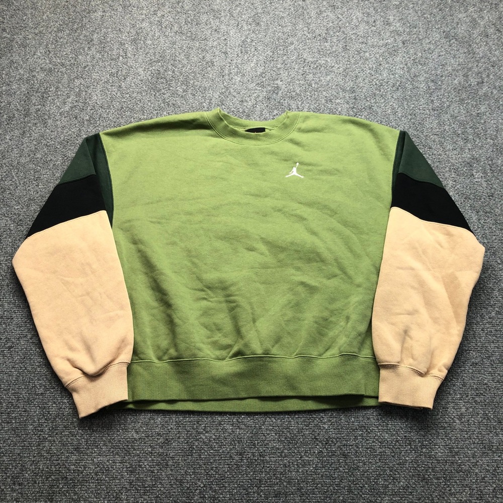 Jordan Women Loose Fit Colorblock Sweatshirt Olive Green Tan Jumpman Logo Large